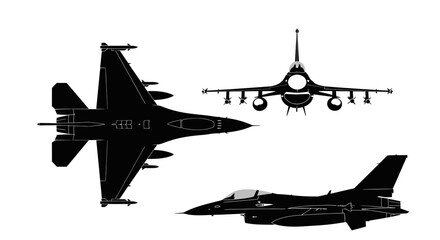 F-16 Fighting Falcon Jet Silhouette Views: Top, Front, and Side Profiles