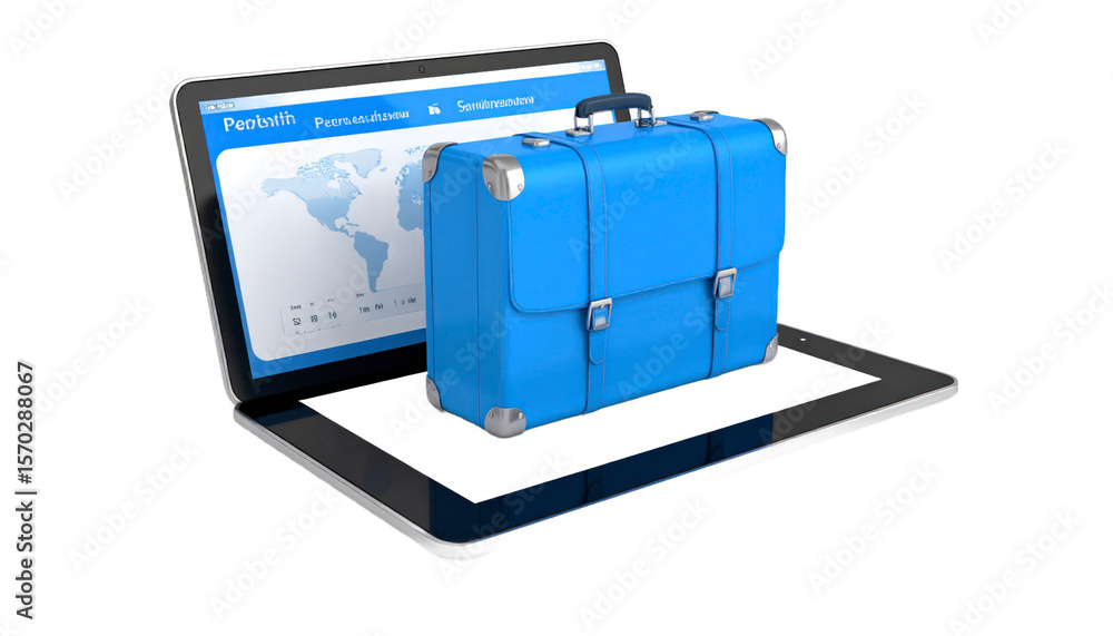 Poster blue suitcase overlapping laptop screen showing world map data isolated transparent background