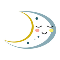 A charming, stylized illustration of a sleeping crescent moon with a gentle smile and rosy cheeks, in soft blue and yellow hues.