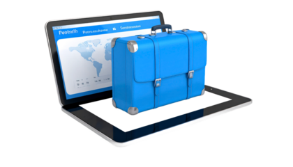 Blue Suitcase Overlapping Laptop Screen Showing World Map Data Isolated Transparent Background