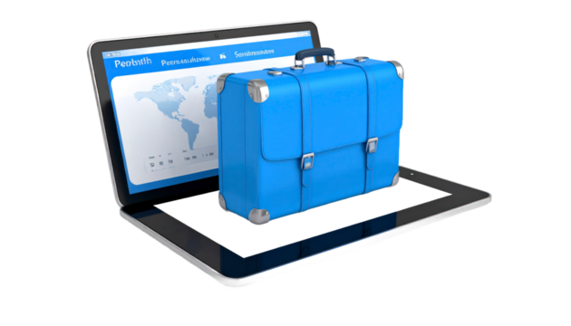 Blue Suitcase Overlapping Laptop Screen Showing World Map Data Isolated Transparent Background