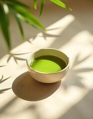 Serene Matcha Tea in a Bowl Bathed in Sunlight near Green Leaves