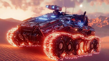 Futuristic military vehicle on desert terrain. - Powered by Adobe