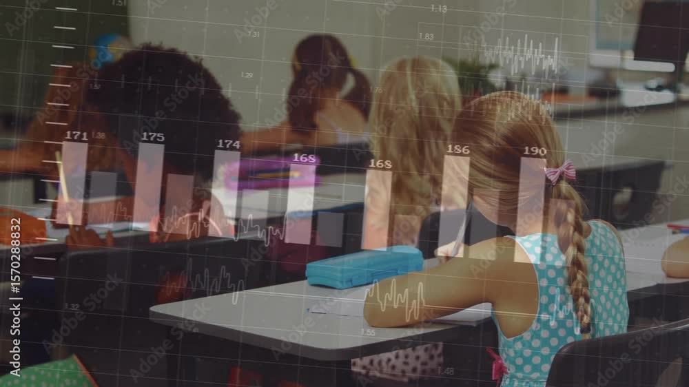 Poster students writing in classroom driving bar charts and line graphs animating behind smiling girl