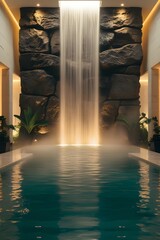AI, generative. Modern Spa Interior with Cascading Indoor Waterfall and Reflective Pool. 4