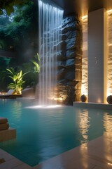 AI, generative. Modern Spa Interior with Cascading Indoor Waterfall and Reflective Pool. 9