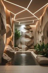 AI, generative. Modern Spa Interior with Cascading Indoor Waterfall and Reflective Pool. 12