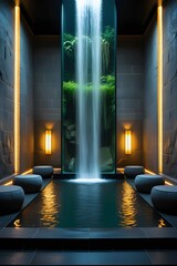 AI, generative. Modern Spa Interior with Cascading Indoor Waterfall and Reflective Pool. 11