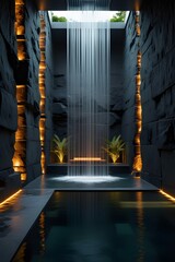 AI, generative. Modern Spa Interior with Cascading Indoor Waterfall and Reflective Pool. 15