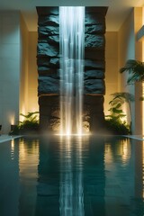 AI, generative. Modern Spa Interior with Cascading Indoor Waterfall and Reflective Pool. 13