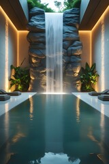 AI, generative. Modern Spa Interior with Cascading Indoor Waterfall and Reflective Pool. 14