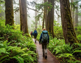 Hikers on a wooden boardwalk through a lush forest