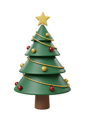 3D Christmas Tree with Golden Star Ornaments on Transparent PNG