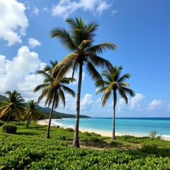 the image shows a tropical beach scene with several palms. the trees rise from a lush green landscape toward a brilliant blue sky scattered with puffy clouds
