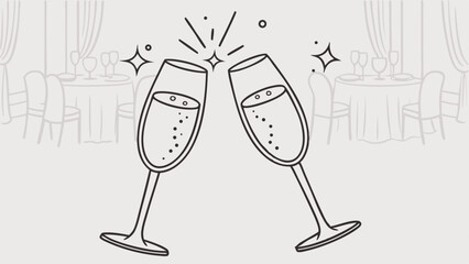 Two champagne glasses toasting in a fancy restaurant with tables and chairs in the background drawing
