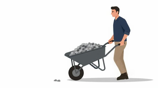 Man Transporting Rocks in a Wheelbarrow on a Construction Site with a Focus on Manual Labor Principles