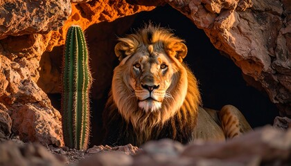 Lion Resting in Cave with Cactus in Desert Habitat