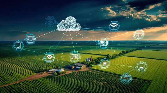 Aerial view of agricultural fields with digital network overlay.