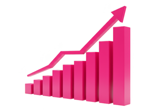 3D Pink Growth Chart with Arrow Shows Success on Transparent BG