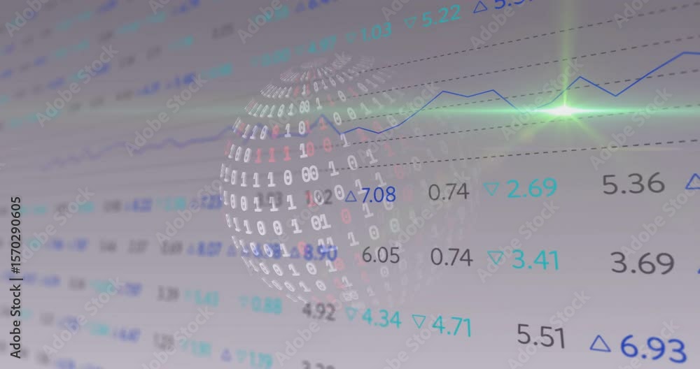 Poster binary sphere drifting to center, rotating code clusters, oscillating line chart visualizing data