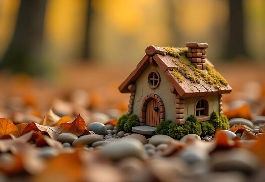 Generative AI Miniature house autumnal setting cozy dwelling scene detailed fall colors leaves