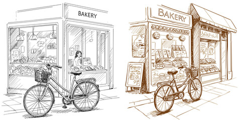 Bicycle parked beside bakery storefront in urban setting, street scene. City life, local commerce, sustainable transport, travel blogs, advertising, lifestyle, urban planning