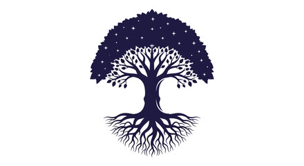 Celestial Tree with Roots and Starry Canopy
