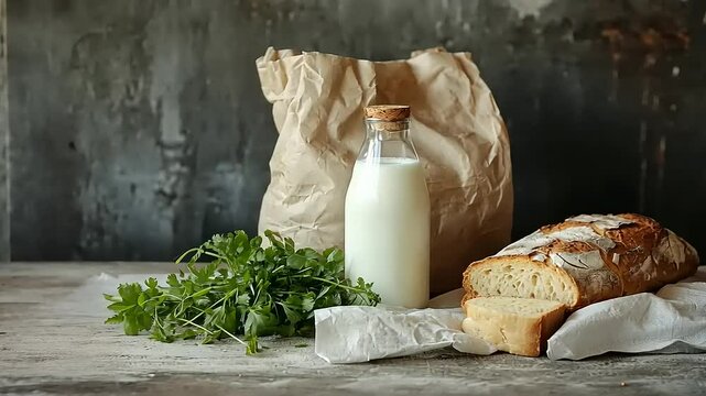 Freshly baked bread sliced beside a bottle of milk and a bag of flour on a rustic table