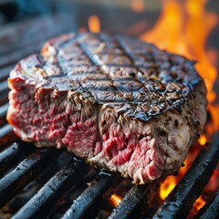 an AI Image Generator, Close-Up of Juicy Grilled Steak on Fire