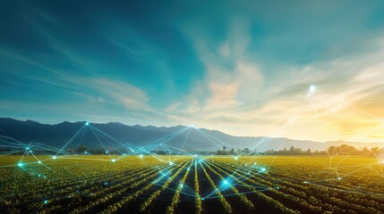 Agricultural field connected by a network of digital lines under a vibrant sky.