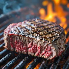an AI Image Generator, Close-Up of Juicy Grilled Steak on Fire