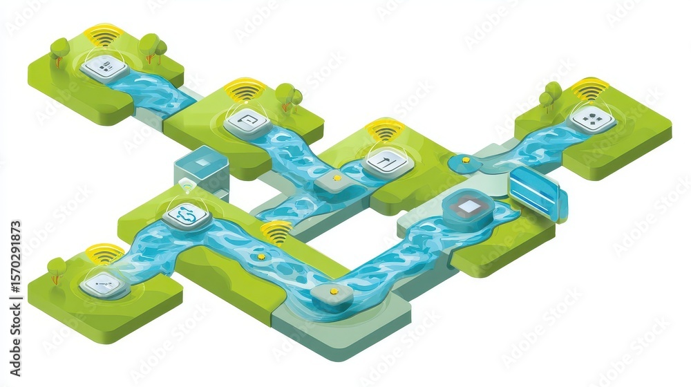 Poster a network of interconnected nodes with a flowing river.