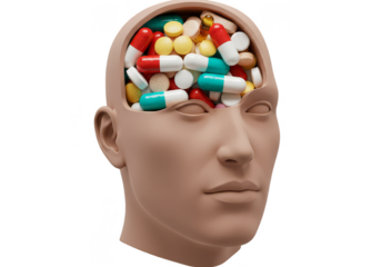 3D Render Brain Head Filled with Pills for Mental Illness Treatment