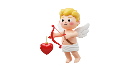 3D Render Cupid with Heart Arrow for Valentines Day Transparent BG