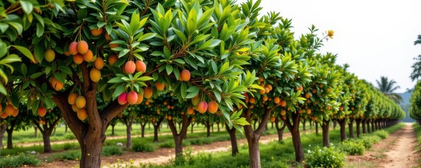 the image shows a lush orchard filled with rows of trees bearing orange and red fruits. the trees have dense green foliage and thick trunks
