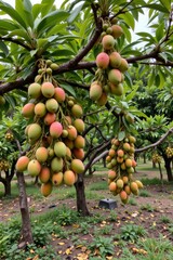 the scene showcases trees laden with clusters of oblong fruits that transition in color from green to a peachy pink hue