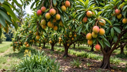 the image captures a grove of trees laden with ripening fruits. the trees are positioned in neat rows, creating a patterned effect across the landscape