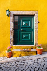 Charming scene unfolds in Tarouca, Portugal, where a vibrant yellow wall contrasts beautifully with an elegant green door, adorned with flower pots and a welcome mat