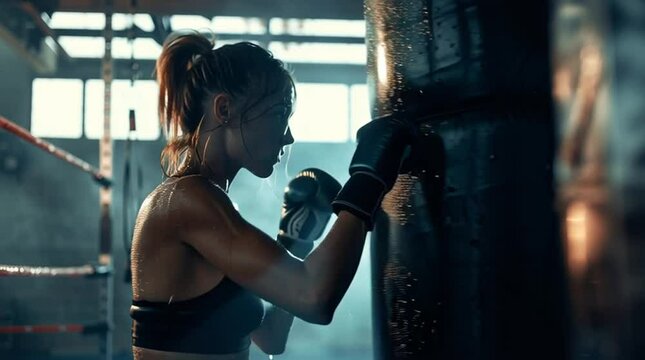 The Fighter: Capturing the intensity and determination of a female boxer as she relentlessly trains with a heavy bag in a gritty gym environment.