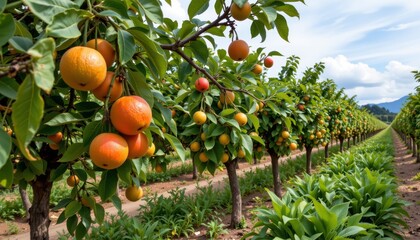 the image shows an orchard filled with rows of small trees laden with round, ripening fruit. the fruit varies in color, ranging from yellow to orange