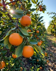 the photograph showcases a close up of branches filled with round, bright orange fruits hanging among green leaves