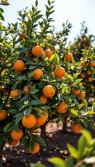 the image captures a vibrant fruit orchard with small trees laden with ripe, orange fruits