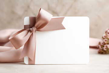 Blank mock up white card with a satin pink ribbon bow, perfect for wedding invitations, birthday greetings, or special event announcements