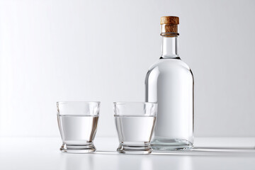 Obraz premium Clear glass bottle with a wooden cap and two glasses filled with transparent liquid