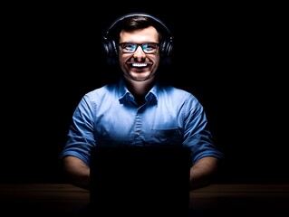 A man wearing headphones and glasses smiles while working on a laptop in a dark room.