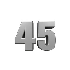 3D Render Silver Metallic Number Forty-Five Isolated Transparent