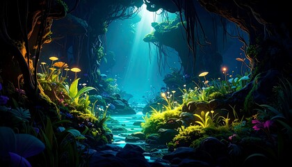 Luminous Stream Flowing Through Enchanted Forest with Colorful Flowers and Glowing Light