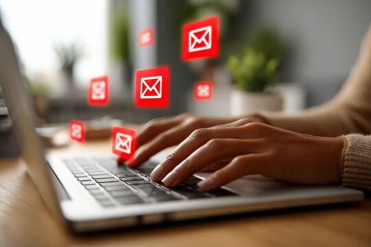 Hands typing on a laptop keyboard with red warning email icons appearing, symbolizing computer virus threats, online security risks, and the need for protection against cyber attacks