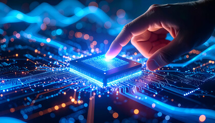 Human hand reaching toward a glowing qubit, surrounded by neon digital waveforms.