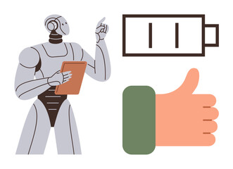 Humanoid robot with clipboard pointing upward, low battery icon, and thumbs-up symbol. Ideal for technology, AI innovation, energy usage, robotics, efficiency, sustainability simple flat metaphor